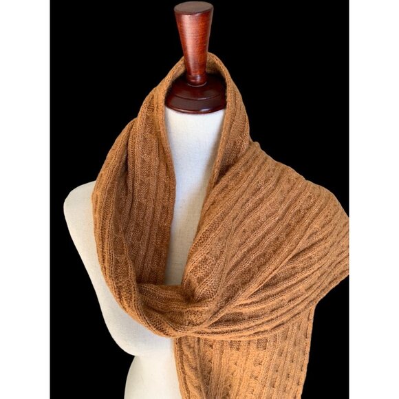 FRYE Boot Co Scarf 70" Long Soft Blend Cream Cable Knit Brown Faux Fur Pom Pom - Picture 2 of 10